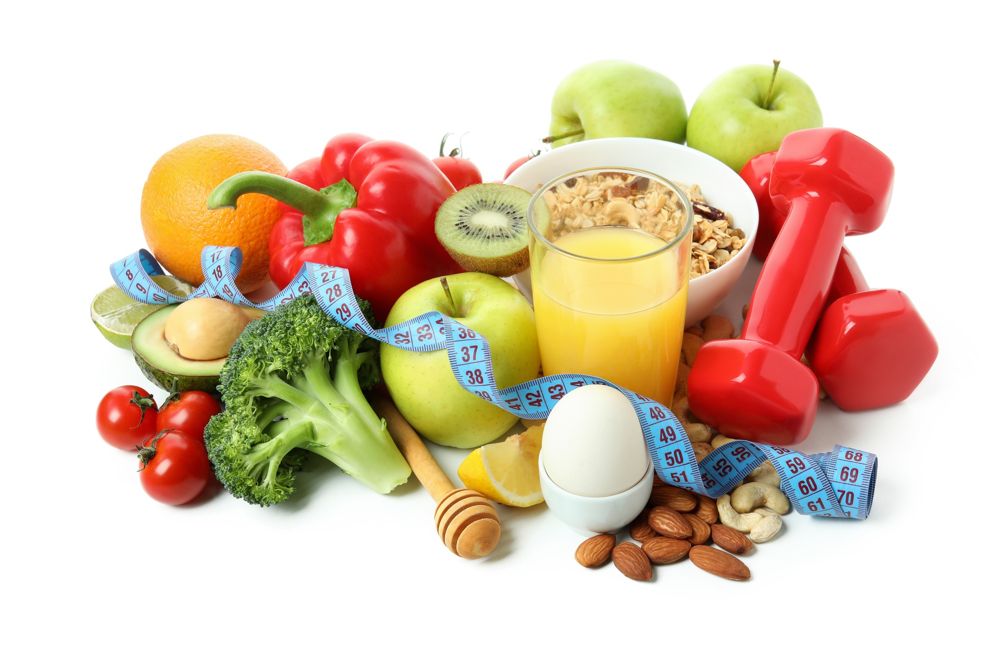 Healthy nutrition accessories isolated on white background